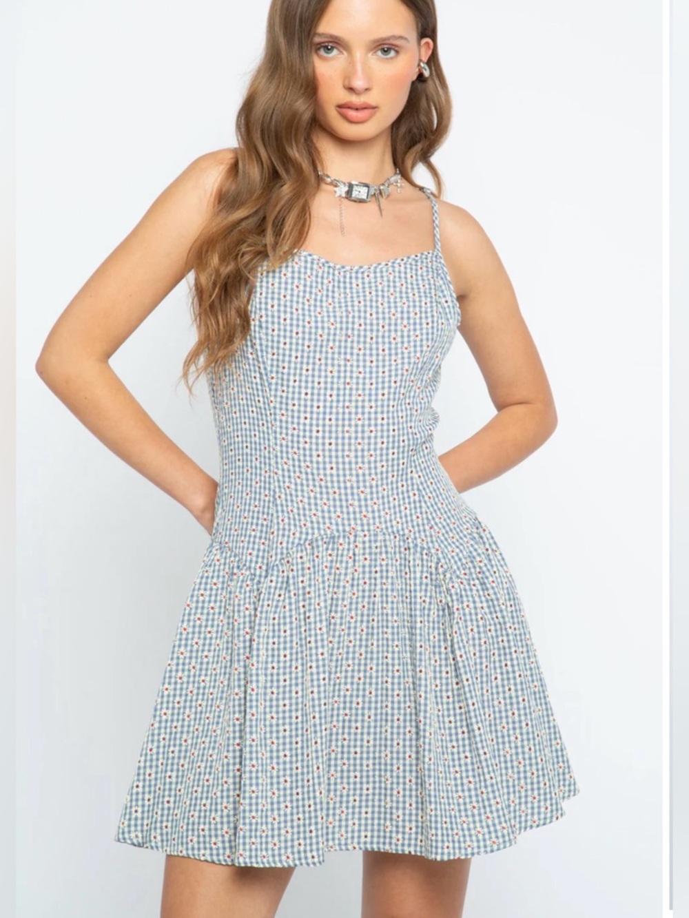 Daisy Street Dolly Mini Dress Blue Gingham Floral Cut-Out Size XS